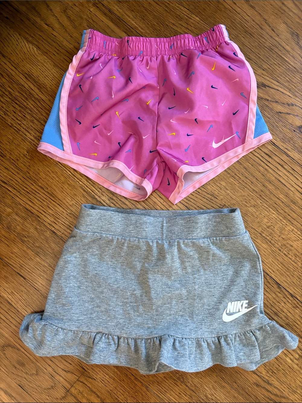 Nike Pink Multi-Swoosh Athletic Shorts & Gray Ruffle Skort